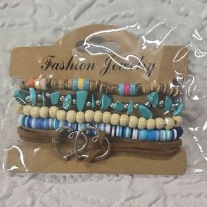 Coastal Surfer Stlye Bracelet Set with Heart Accent Corded